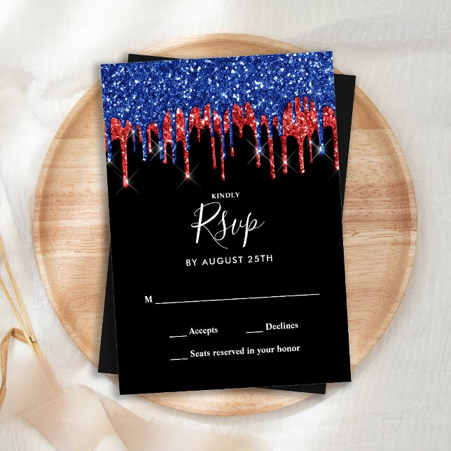 Tarjeta Pequeña Elegante Purpurina azul rojo negro gotea boda RSVP (Subido por el creador)