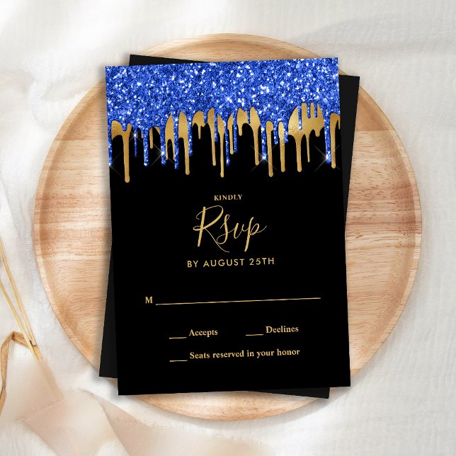 Tarjeta Pequeña Elegante Purpurina de oro azul negro gotea boda RS (Subido por el creador)