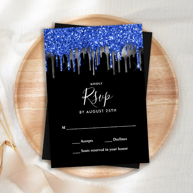 Tarjeta Pequeña Elegante Purpurina de Plata Azul Dris Boda RSVP (Subido por el creador)