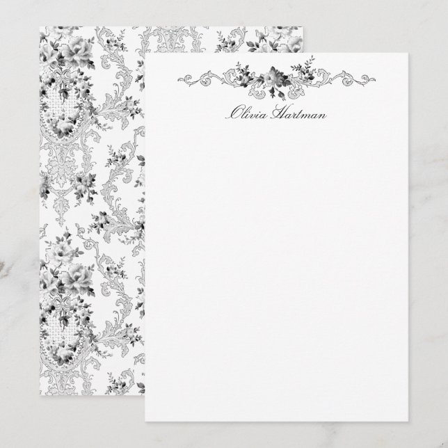 Tarjeta Pequeña Elegante Rococo francés Floral Negra y Blanca (Anverso / Reverso)