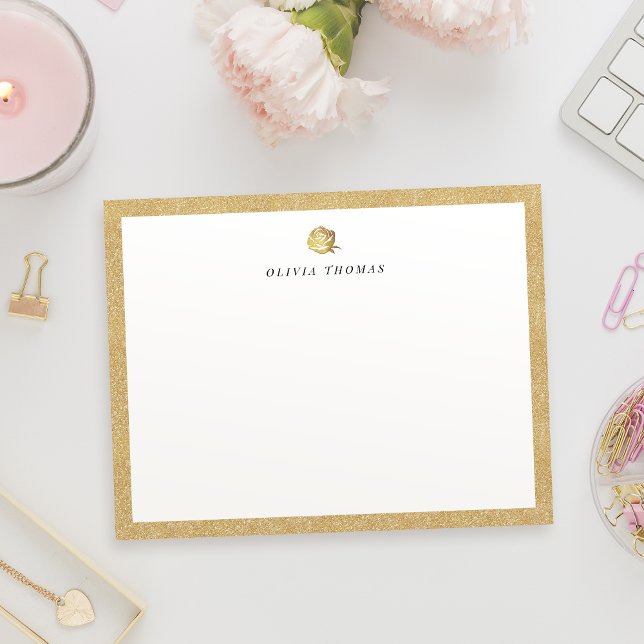 Tarjeta Pequeña Elegante rosa falso oro personalizado Stationery (Elegant faux gold rose personalized Stationery Note Card)