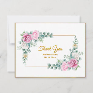 Tarjeta Pequeña Elegante Rosa Floral con Marco Dorado de Agradecim