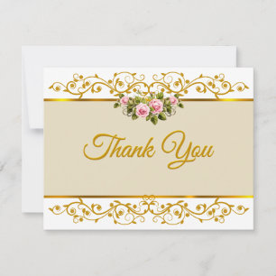 Tarjeta Pequeña Elegante Rosa Floral y Dorado "Gracias"