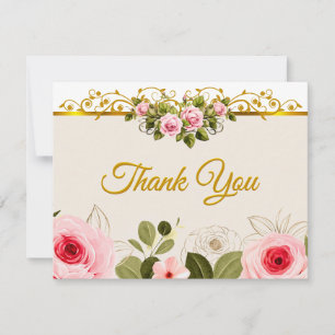 Tarjeta Pequeña Elegante Rosa Floral y Dorado "Gracias"