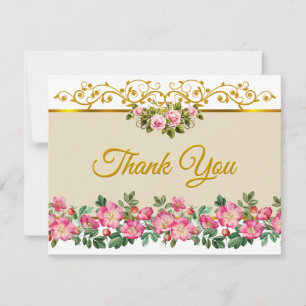 Tarjeta Pequeña Elegante Rosa Floral y Dorado "Gracias"