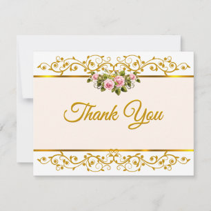 Tarjeta Pequeña Elegante Rosa Floral y Dorado "Gracias"