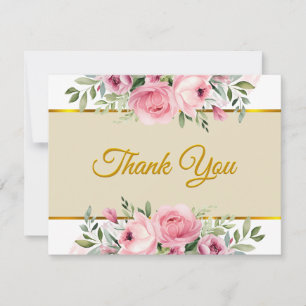 Tarjeta Pequeña Elegante Rosa Floral y Dorado "Gracias"