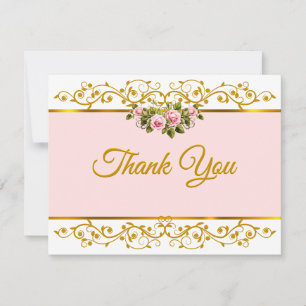 Tarjeta Pequeña Elegante Rosa Rosa y Floral Dorado Agradecimiento
