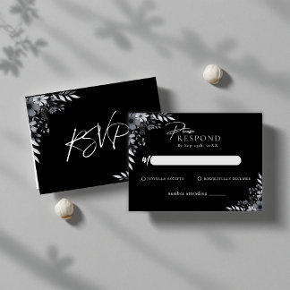 Tarjeta Pequeña Elegante RSVP Floral Minimalista Negro para Boda
