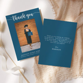 Tarjeta Pequeña Elegante Script Blue Graduation Photo You
