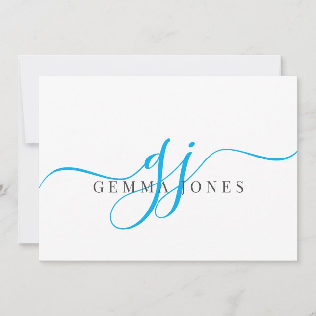 Tarjeta Pequeña Elegante Script Blue Monogram Nombre de Iniciales (Anverso)