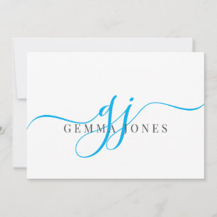 Tarjeta Pequeña Elegante Script Blue Monogram Nombre de Iniciales