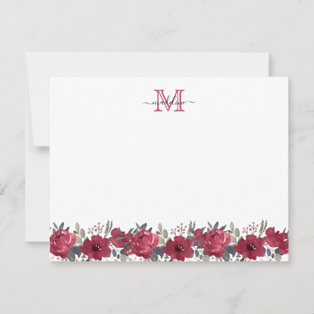 Tarjeta Pequeña Elegante Script Floral Borgoña Rojo Monograma (Anverso)