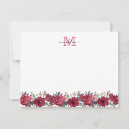 Tarjeta Pequeña Elegante Script Floral Borgoña Rojo Monograma