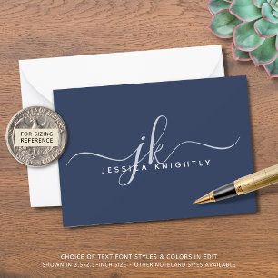 Tarjeta Pequeña Elegante Script Monograma Iniciales Nombre Azul