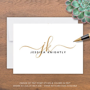 Tarjeta Pequeña Elegante Script Monograma Iniciales Nombre Oro Bla