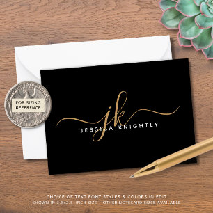 Tarjeta Pequeña Elegante Script Monograma Iniciales Nombre Oro Neg