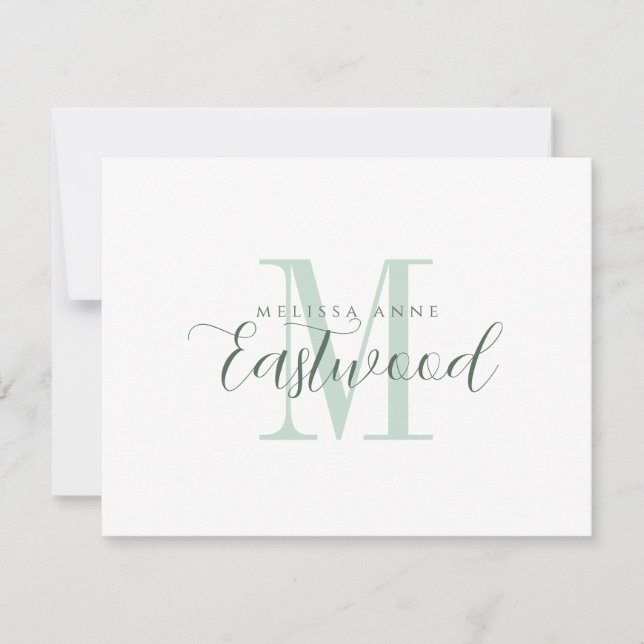 Tarjeta Pequeña Elegante Script Name Green Monogram Flat Note Card (Anverso)