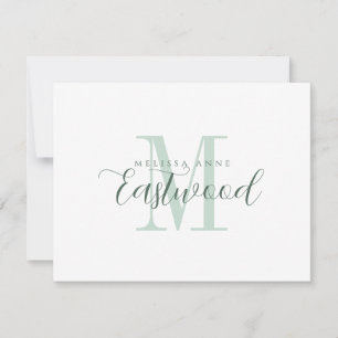 Tarjeta Pequeña Elegante Script Name Green Monogram Flat Note Card