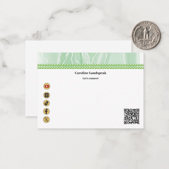 Tarjeta Pequeña Elegante seda verde, medios sociales y código QR (Anverso/Reverso In Situ)