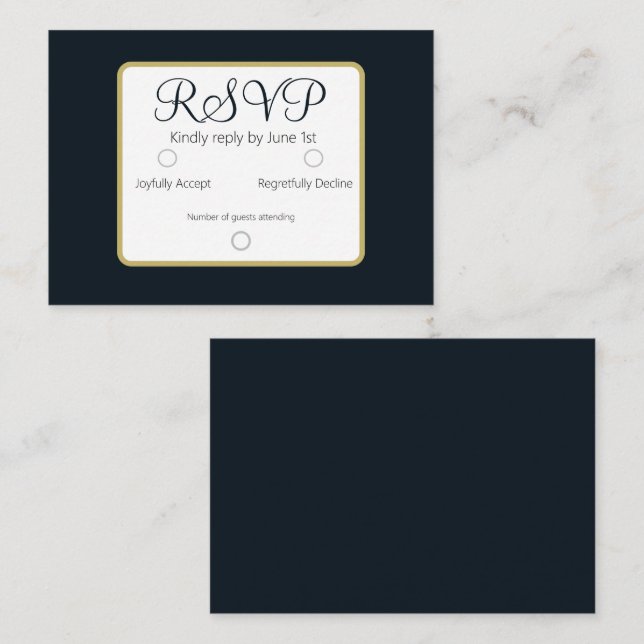 Tarjeta Pequeña Elegante simple Boda RSVP azul oscuro (Anverso / Reverso)