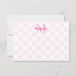 Tarjeta Pequeña Elegante tablero de ajedrez blanco y rosa nombre p