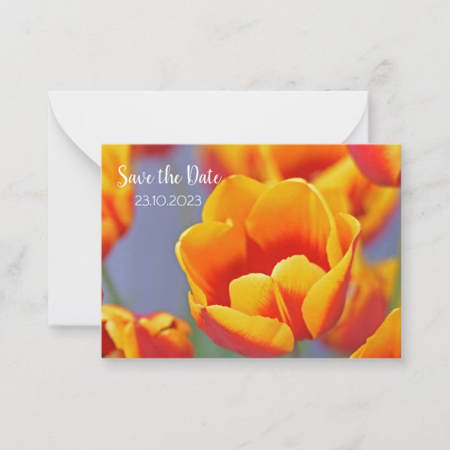 Tarjeta Pequeña Elegante tulipán amarillo y rojo salva la fecha (Anverso)