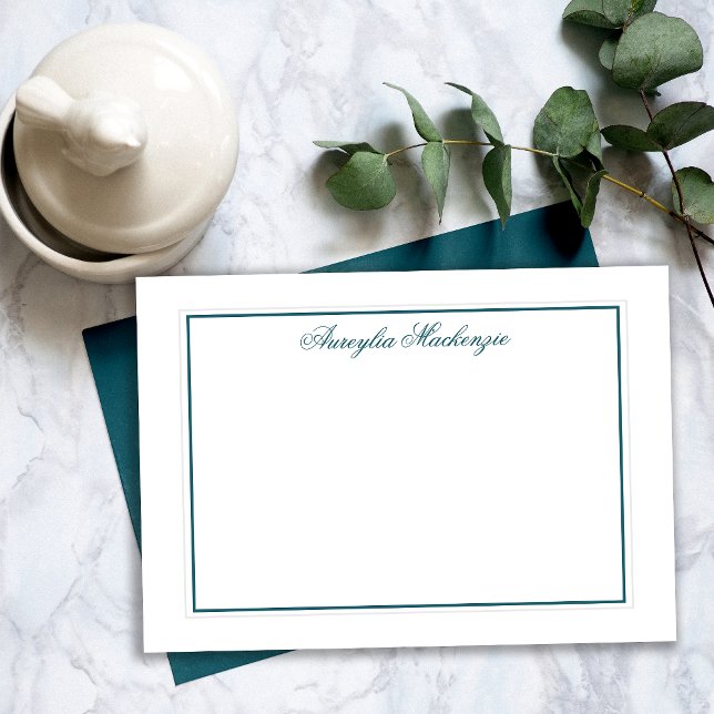 Tarjeta Pequeña Elegante Verde azulado oscuro y blanco personaliza (Elegant Dark Teal and White Personalized Note Card)