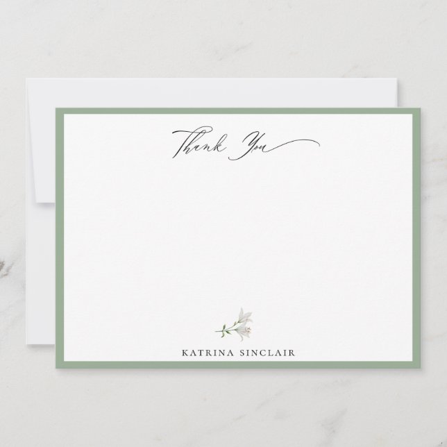 Tarjeta Pequeña Elegante White Floral Sage Green Gracias (Anverso)