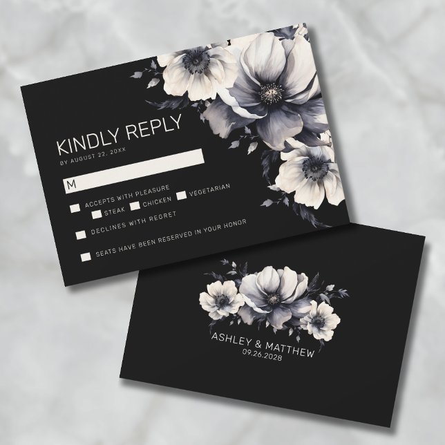 Tarjeta Pequeña Elegante y moderno matrimonio floral negro RSVP (Elegant Modern Black Floral Wedding RSVP Note Card)