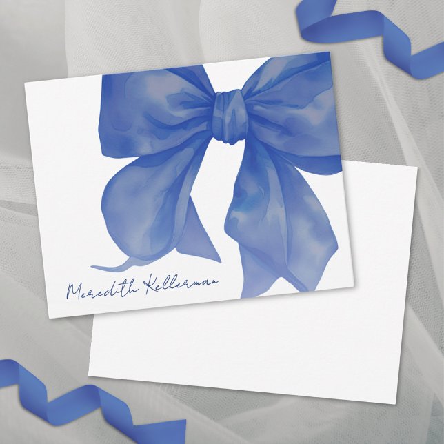 Tarjeta Pequeña Elegante y personalizado nombre de arco azul de la (Personalized Elegant Navy Blue Bow Name Note Card)