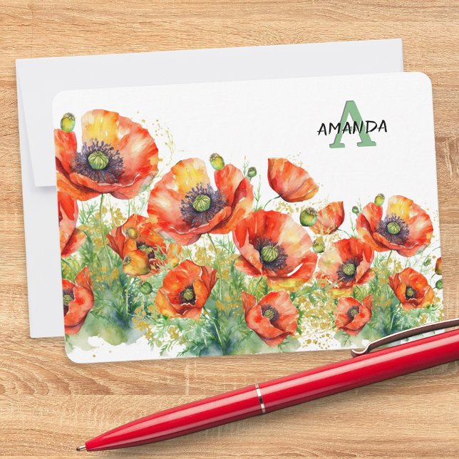 Tarjeta Pequeña Elegantes flores de amapola rojas monogramadas (A chic monogrammed notecard with red poppies design in a watercolor style)