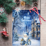 Tarjeta Pequeña Elegantes Navidades Blue Santa Winter Wonderland<br><div class="desc">Celebre la magia de la temporada con nuestra tarjeta de Navidades Blue Santa Winter Wonderland. Esta hermosa tarjeta presenta una encantadora escena de invierno con un Santa Claus azul que contiene varios regalos muy bien envueltos. El fondo muestra un pintoresco pueblo nevado con un gran edificio cubierto de nieve y...</div>