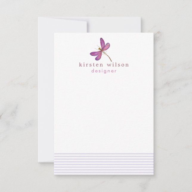 Tarjeta Pequeña Elegantes rayas de lavanda y libélula personalizad (Anverso)