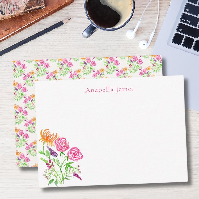 Tarjeta Pequeña Elegantes Rosas Acuarelas, Snapdragons Y Flores (Hand painted with a coordinating pattern on the backing. )