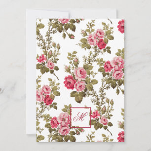 Tarjeta Pequeña Elegantes rosas rosadas con fondo monogramo-blanco
