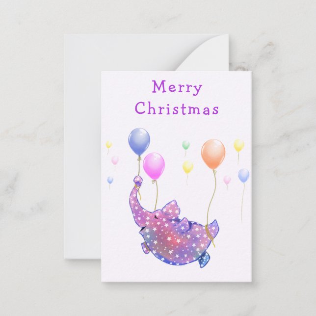 Tarjeta Pequeña Elephant Flying Colorful Balloons Christmas Card (Anverso)