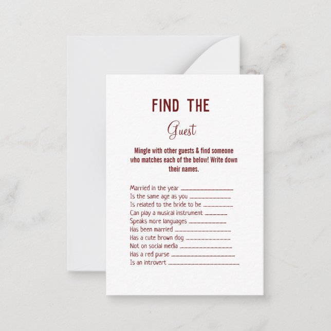 Tarjeta Pequeña encontrar el juego de ducha de novia boda invitado (Anverso)