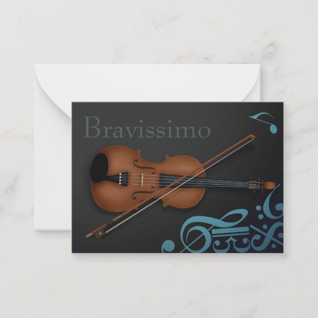 Tarjeta Pequeña "Encore" Violin & Bow Elegant Black & Turquoise (Anverso)