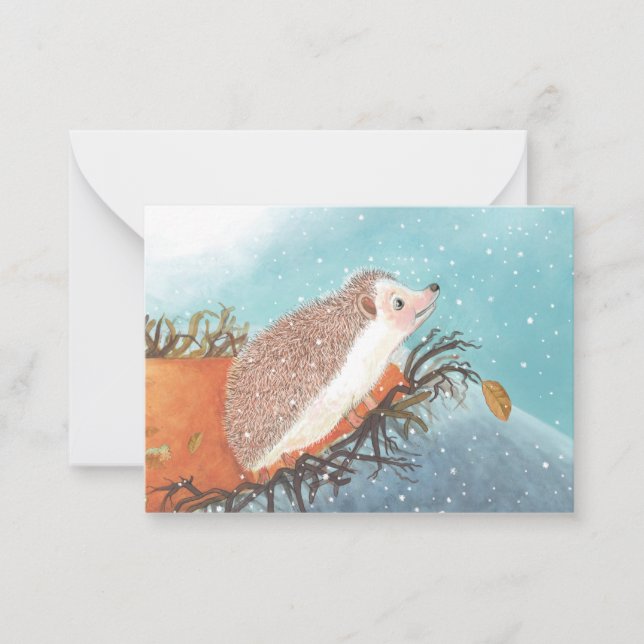 Tarjeta Pequeña Erizo y primeros copos de nieve   (Anverso)