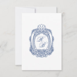 Tarjeta Pequeña Escudo barroco Iniciales azules francesas Boda ant