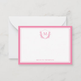 Tarjeta Pequeña Escudo floral de doble borde rosa - Monograma clás