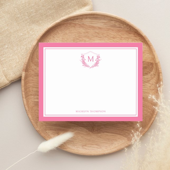 Tarjeta Pequeña Escudo floral de doble borde rosa - Monograma clás (Subido por el creador)