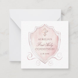 Tarjeta Pequeña Escudo Rosado Primera Comunión Mini de agradecimie
