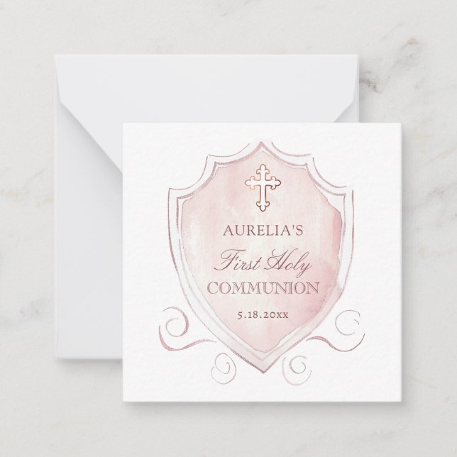 Tarjeta Pequeña Escudo Rosado Primera Comunión Mini de agradecimie (Anverso)