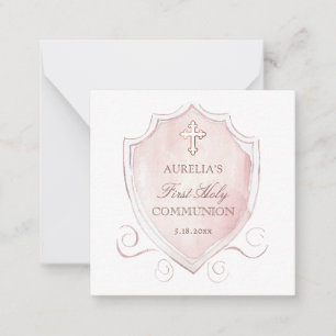 Tarjeta Pequeña Escudo Rosado Primera Comunión Mini de agradecimie