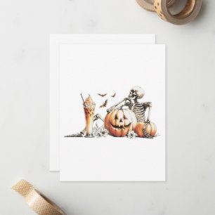 Tarjeta Pequeña Esqueleto con calabaza y bebida. Halloween.