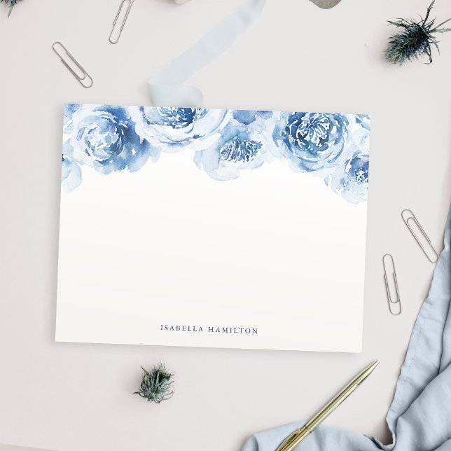 Tarjeta Pequeña Estacionalidad personalizada floral de color azul (Blue watercolor floral Personalized Stationery Note Card)
