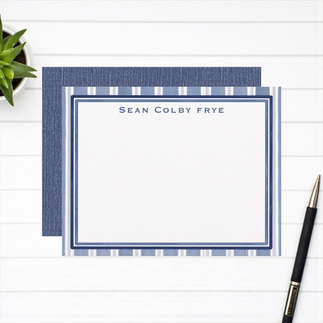 Tarjeta Pequeña Estacionalidad Personalizado azul de los hombres p (Blue striped personalized men’s stationery)