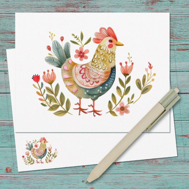 Tarjeta Pequeña Estacionamiento de arte folclórico de pollo acuare (A pretty farmhouse watercolor folk art chicken notecard)